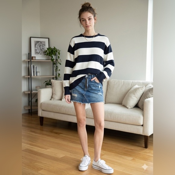 Brandy Melville Sweaters - Brandy Melville Brianna Knit Navy/White Striped Oversized Sweater O/S